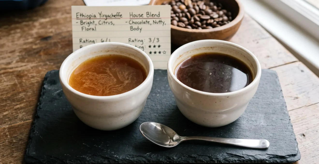 Deux tasses de café caféiné côte à côte sur un plateau de dégustation, avec une cuillère et des grains en arrière-plan.