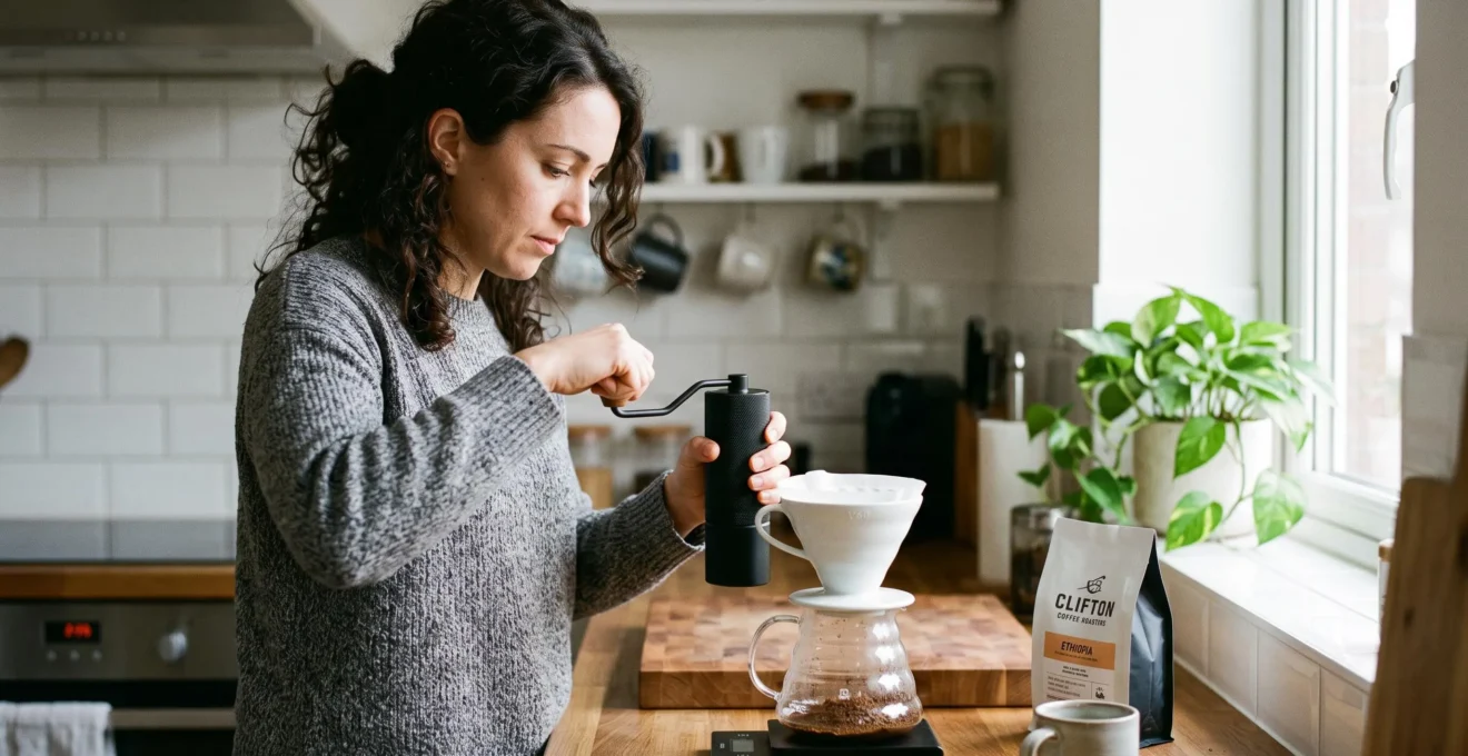 Une personne moud des grains de café avec un moulin manuel au-dessus d'un filtre V60 posé sur une carafe en verre.