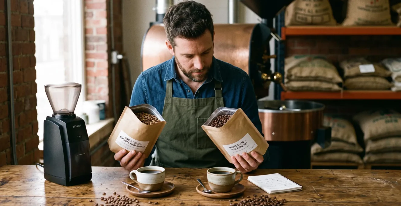 Un torréfacteur compare deux sacs de grains de café ouverts, un pure origine et un assemblage, sur une table de dégustation.