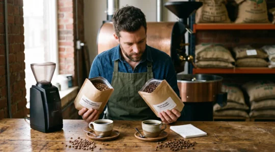 Un torréfacteur compare deux sacs de grains de café ouverts, un pure origine et un assemblage, sur une table de dégustation.